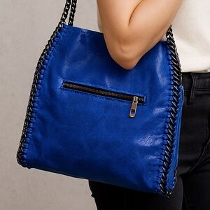 Italian Leather Chain Tote. Electric blue Crackle sheen finish. Super soft. New.